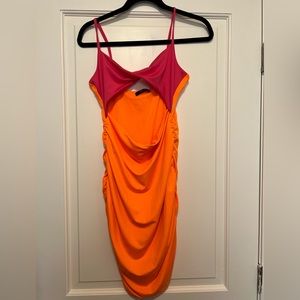 Cut out rouched pink and orange cocktail dress